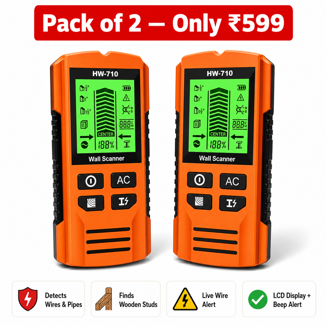 Multi-Function Metal, Wood & Cable Detector (Pack of 2)